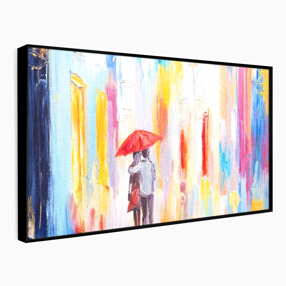 Tablou canvas cu pictura cu un cuplu sub umbrela, in rama de aluminiu negru